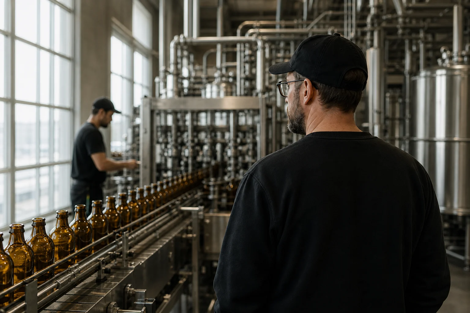 Dirigeant de PME observant une ligne de production dans une usine de boissons