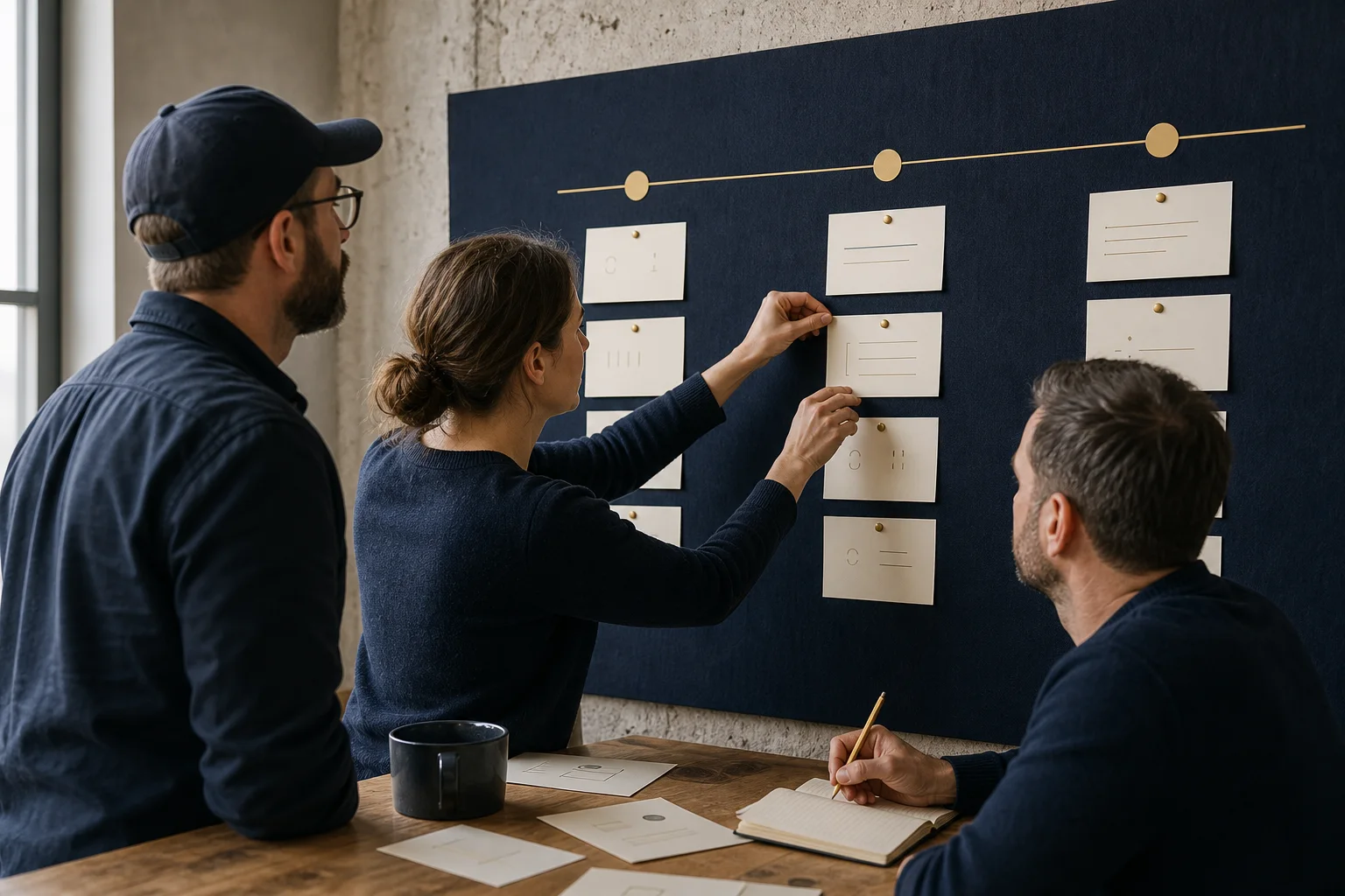 Équipe organisant une feuille de route de changement sur un tableau